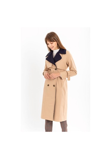 Pastelastore Pamuk Gabardin Uzun Çift Renk Garnili Kadın Trençkot 1114 Açık Bej