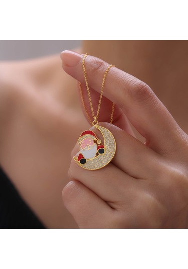 925 Ayar Gümüş Mineli Noel Baba Ve Ay Kolye Gold