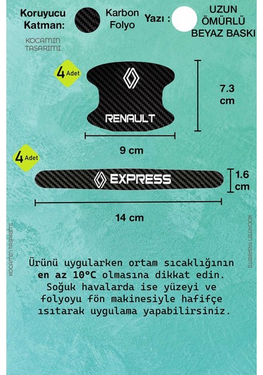 Karbon Kaplama Renault Express Kapı Kolu Koruma Seti 8 Parça, Şık Beyaz Yazılı Folyo