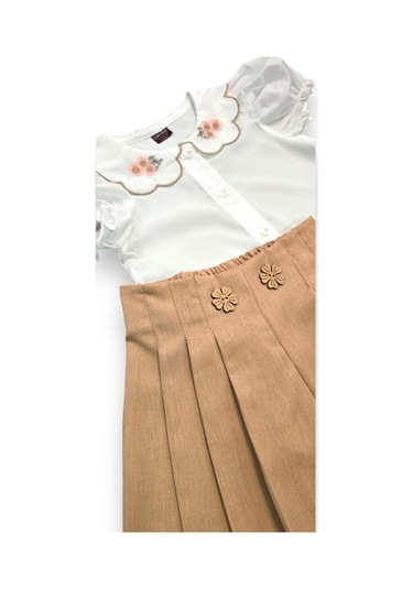Yakası Dantelli Kız Çocuk Şort Etekli Takım Kahverengi