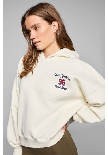 LUXE Kadın Renk Nakışlı Ve Arkası Baskı Detaylı Kapüşonlu Ekru Sweatshirt