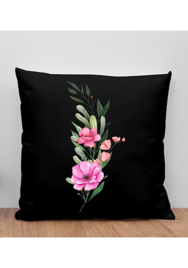 Bk Gift Çiçek Tasarımlı Siyah Kırlent Yastık, Arkadaşa Hediye, Ev Dekorasyonu, Ev Hediyesi-1