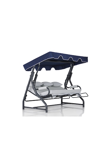 Salvia 3 Kişilik Bahçe Balkon Teras Salıncağı - Minder: Lacivert Çizgili Tente: Lacivert Lacivert - Mavi