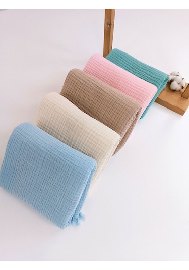 4 Kat Müslin Mint Yeşil Saçaklı Bebek Battaniyesi 100x120 Cm- %100 Pamuklu & Çok Amaçlı Battaniye Ekru