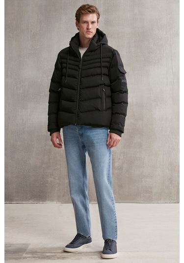 Allan Erkek Su Geçirmez Fermuarlı Kapüşonlu Kol Arma Ve Cep detaylı şişme Siyah Mont