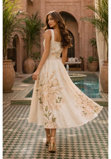 Asprinfashion Baskılı Kare Yaka Etek Bluz Takım Krem