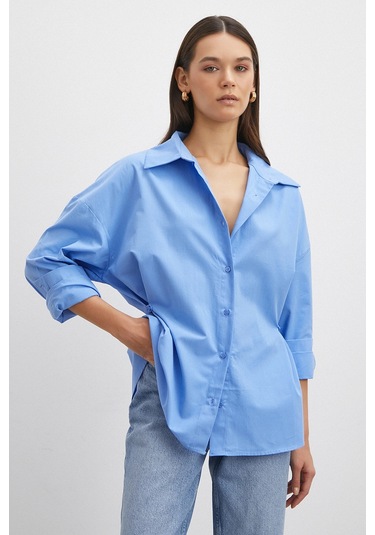 Düğme Detaylı Pamuklu Gömlek Mavi Mavi
