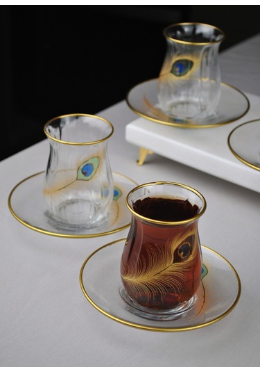 12 Parça 6 Kişilik Lüx Cam Çay Seti Gold Detaylı Altın Renk İşlemeli Lüks Çay Takımı Altın