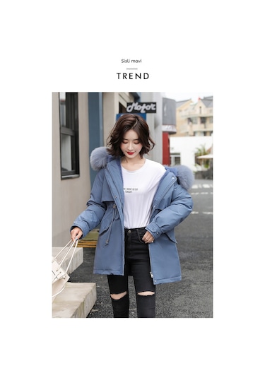 Snapbuy Kalın, Yumuşak Dolgulu, Midi Boy, Kapüşonlu, Kürk Detaylı Kadın Mont Mavi