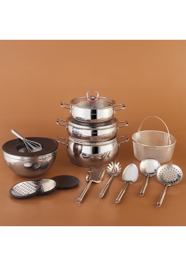 Karaca Karıştır-pişir-sakla 18 Parça Servis Gereçli Çelik Tencere Seti Gümüş