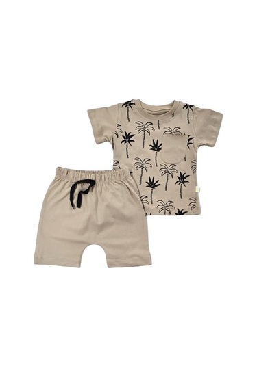 Palmiye Desenli Erkek Bebek Şortlu Takım kahverengi