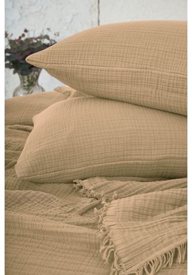 %100 Pamuk Müslin Yatak Örtüsü Tek Kişilik 4 Katlı Battaniye 2 Parça Müslin Pike Seti Bej Bej