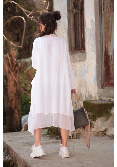 Italyan Ipek Detaylı Oversize Kaftan & Bluz-8711 Beyaz