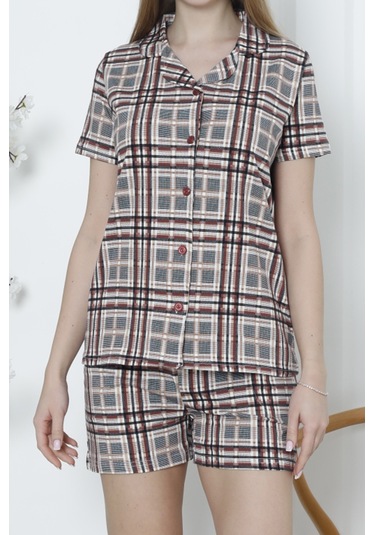 Kadın Düğmeli Şortlu Pijama Takımı Ekoseli Pamuklu Likralı Cepli Mürdüm Nıc1078 R14 Mürdüm