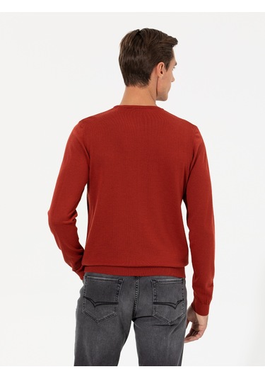 Cacharel Kiremit Slim Fit Bisiklet Yaka Triko Kazak Kırmızı