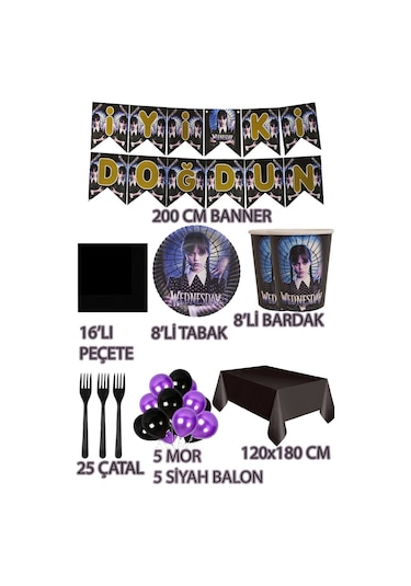 8 Kişilik Wednesday Tabak, Bardak Yazı Balon Seti, Addams Wednesday Parti Doğum Günü Parti Süsleri