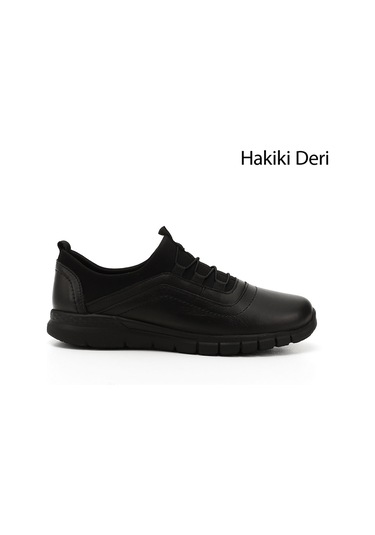 Gönderi R Siyah Lastik Bağcıklı Hakiki Deri Comfort Sneaker Siyah