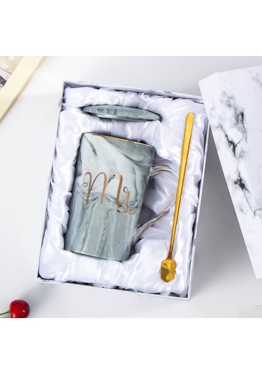 Tenfowee Ev Kullanıma Uygun Nikah/yıl Dönümü Hediyesi 2'li Seri: Siyah Ve Pembe Harf Desenli Seramik Bardak, Kapak Ve Kaşık İçeren Sürekli Kullanılabilir Set Gri