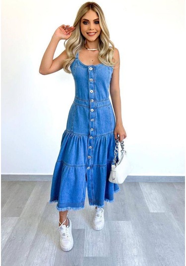 Askılı Jean Elbise Düğmeli Kot Uzun Denim Elbise Jean Denim