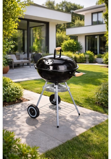 Yuvarlak Kömürlü Mangal Ahşap Kulplu Tekerlekli Mangal 44 Cm