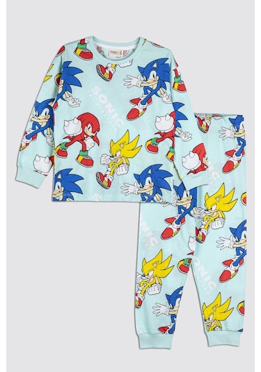 Zuzunga The Hedgehog Super Sonic Desenli %100 Pamuk Çocuk Pijama Takımı Mint