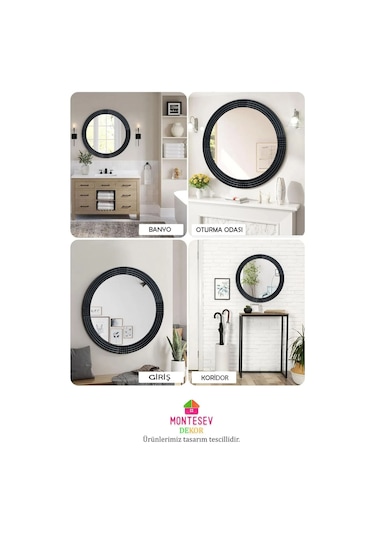 Safir Siyah Dekoratif Ayna Yuvarlak Işlemeli Duvar Aynası 43 Cm Siyah