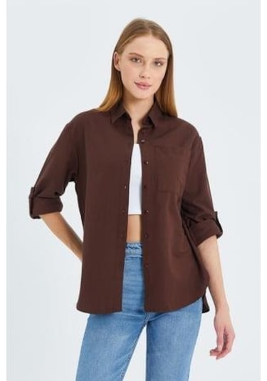9942 Kadın Oxford Uzun Kol Basic Gömlek Kahve Kahve
