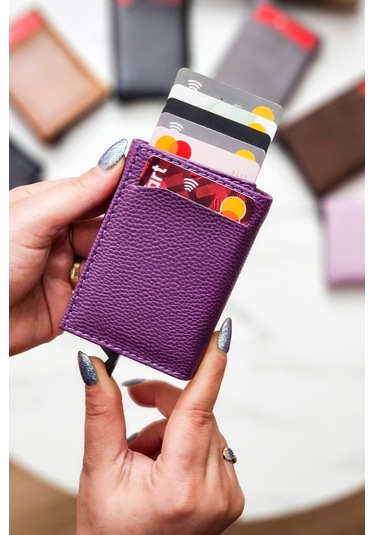 Otomatik Mekanizmalı Deri Cüzdan Kartlık Portföy Mürdüm
