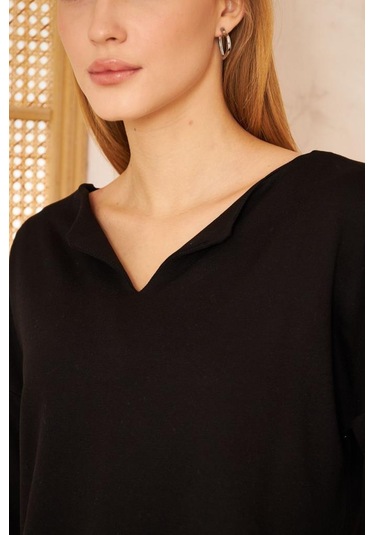 Kadın Ekstra Uzun Duble Kol / Yakası Yırtmaçlı Salaş Sweatshirt Bluz 3470190 Siyah