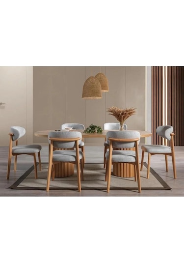 Mai Oval Masa & 6 Sandalyeli Yemek Masası Takımı Gri