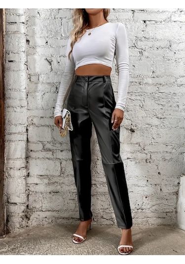 Modaserdem Kadın Yüksek Bel Önden Düğmeli Deri Pantolon Siyah