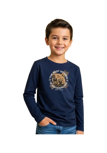 Düz Yuvarlak Yaka Bearr Baskı Detaylı Erkek Çocuk Sweatshirt Lacivert