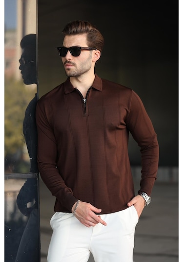 Kahverengi Polo Yaka Fermuarlı Erkek Kazak E7427 Kahverengi