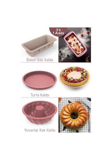 İronika 3 Lü Silikon Kek Kalıbı Seti Oval Yuvarlak Baton Kek Kalıbı Turta Kalıbı Set Diğer