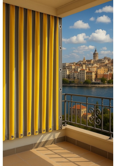 Gencer Home Balkon Perdesi Kuş Gözü Ölçü Seçenekli Gri Sarı Gri