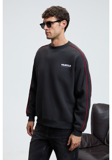 Grimelange LEIF Erkek Kolları Biyeli Önü Baskılı Yuvarlak Yaka Oversize Antrasit Sweatshirt