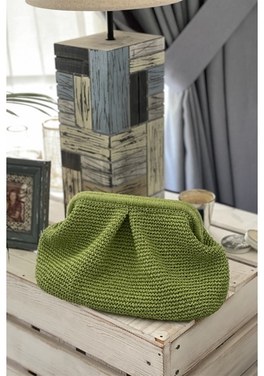 El Yapımı Açık Yeşil Renkli Pileli Örgü El Çantası Yeşil