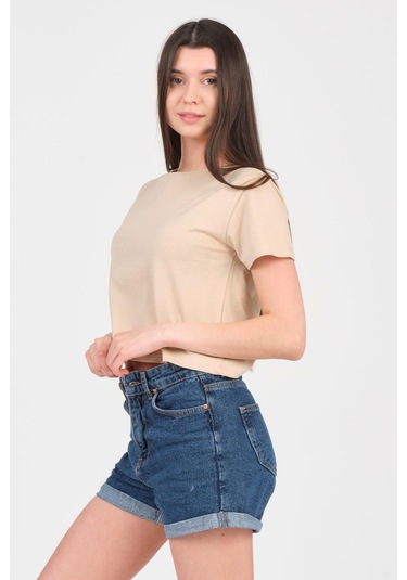 As Collection Bej Bisiklet Yaka Kısa Kol Örme Kadın Crop Bej