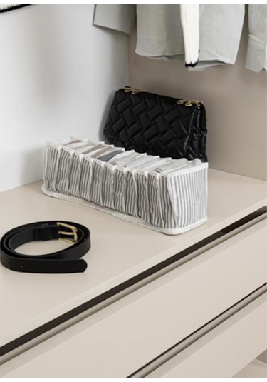 11 Gözlü Katlanabilir Çekmece İçi Akordiyon Organizer Small Gri Beyaz Çizgili Model Beyaz - Gri