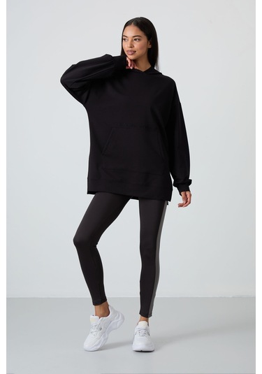 Tommy Life Siyah Balon Kol Yazı Nakışlı Kadın Oversize Tunik Sweatshirt - 97163 Siyah