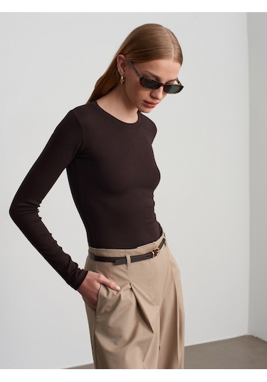 Dilvin 32695 Uzun Kollu Bodysuit-koyu Kahve Koyu Kahve