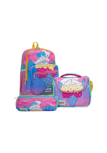 Wia Kız Çocuk Dondurma Ve Sevimli Kediler Üçlü İlkokul 1-2-3-4 Sınıf Okul Çanta Seti Sarı - Pembe