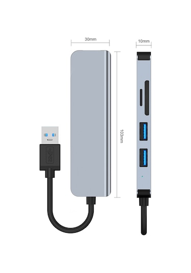 Reedark 2103u Usb Çok Fonksiyonlu Hub: Usb3.0 + 2xusb2.0 + Tf/sd Kart Okuyucu, 5.0gbps Hızlı Veri Transferi, Uzay Gri Abs+alüminyum