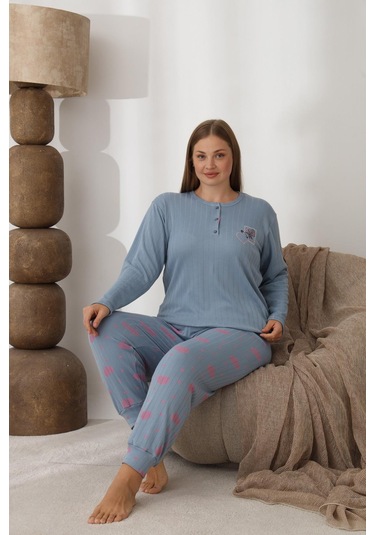 Lindros Kadın Pamuk'lu Düğme Yaka Raporlu İnterlok Kışlık Battal Pijama Takımı 0242 - 1 Adet Mavi