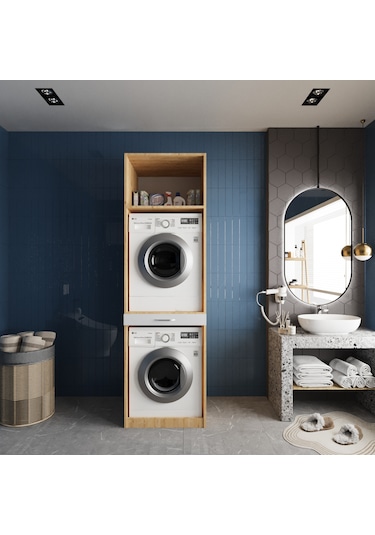 Piramit Çamaşır Ve Kurutma Makinesi Dolabı Banyo Dolabı Meşe Beyaz Beyaz - Meşe
