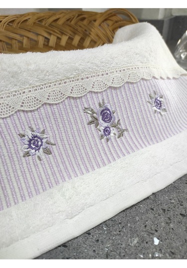 %100 Pamuk & Nakışlı Havlu Takımı - 2'li Dantelli Havlu Seti - 40x60 Cm Lila Lila