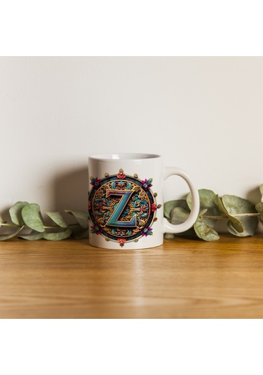 Z Harfi Boho Bardak, Renkli Özel Tasarım Hediyelik Harfli Kupa, 330ml Porselen Beyaz