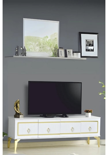 Vina Tv Sehpası Beyaz Gold 4 Kapaklı Çizgili Kulplu Metal Ayaklı 160x36x50 Cm