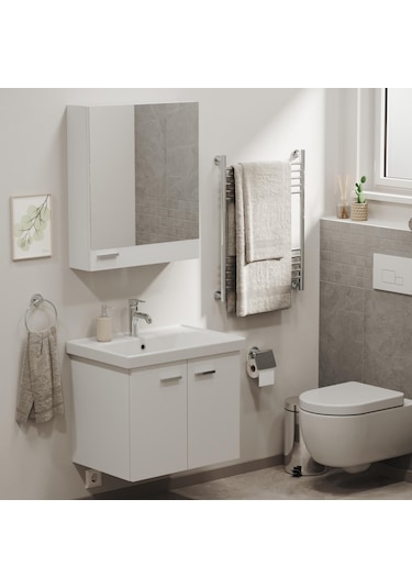 Aqua Bagno Basic Alt Dolap + Üst Dolap - Lavabo 65 Cm Beyaz S.50.02.33.04.01 Beyaz