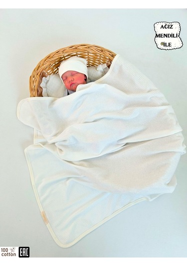 Ekru Fitilli Tek Katlı Bebek Battaniyesi Kundak %100 Pamuklu Çok Amaçlı Örtü 90x85cm Ekru